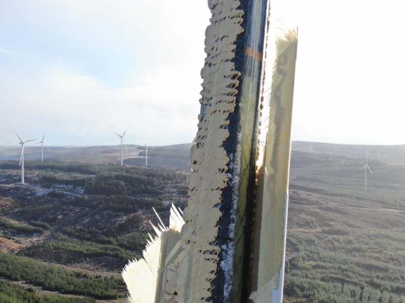 Failed blade on a wind turbine on a hill in Ireland